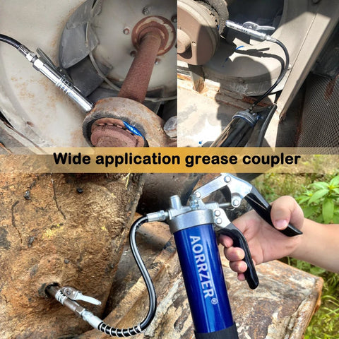 Blue AORZER grease gun with 12-inch spring flex hose and chrome quick-release coupler