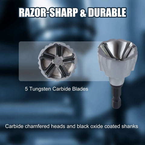 Boss Grade Tungsten Carbide Chamfer Tool Set with 5 carbide blades, razor-sharp and durable, side view of tool head.