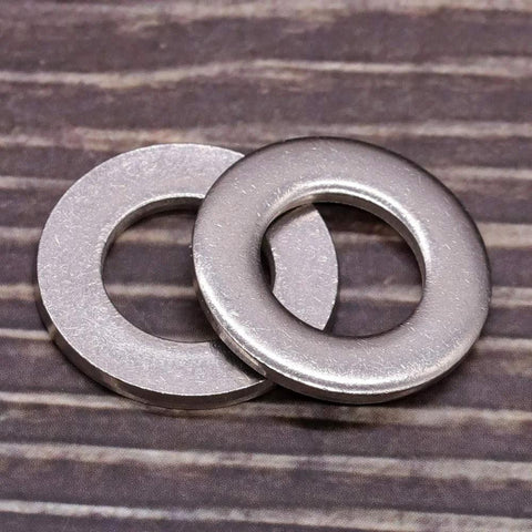 Two stainless steel flat washers, 1/4 in, 0.28 in ID, 0.63 in OD, bright finish
