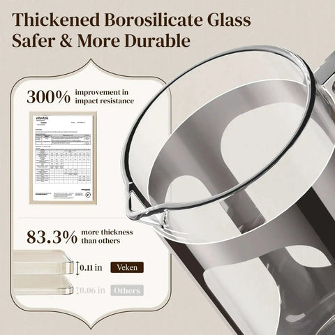 Thickened borosilicate glass carafe from French Press Coffee Maker 34 Ounce Plastic Free Brewing Surface With Thickened Glass And Stainless Steel
