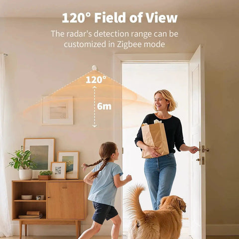 AI Powered 5 In 1 Presence Sensor With 60GHz MmWave And PIR Motion Detection installed in a home with 120-degree field of view