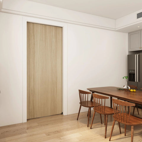 Installed Six Foot Pocket Door Kit With Commercial Grade Sliding Hardware, wood door in living space, black aluminum box track