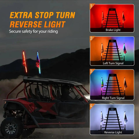 2 Pack 2 Foot RGB LED Whip Light Kit With Bluetooth App Control And Remote DIY Chasing Modes for ATV UTV, shown with turn signals and stop light
