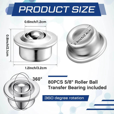 Product size diagram of 80-Piece Five-Eighth Inch Roller Ball Transfer Bearings in Carbon Steel, 360 Degree Rotation, with measurements.
