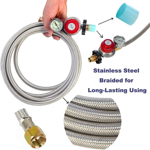 12 ft stainless steel braided propane hose with 0–30 psi regulator and gauge for POL tanks to fire pits.