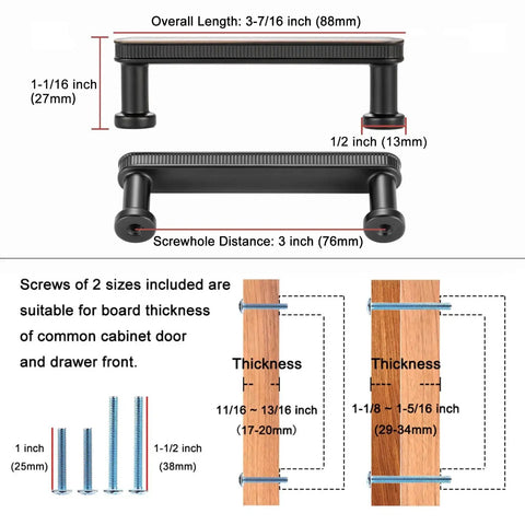 Diagram showing dimensions and screw sizes for 3-Inch Brushed Gold Cabinet Handles Set, 10 Pack Gold Cabinet Pulls for cabinets and dressers.