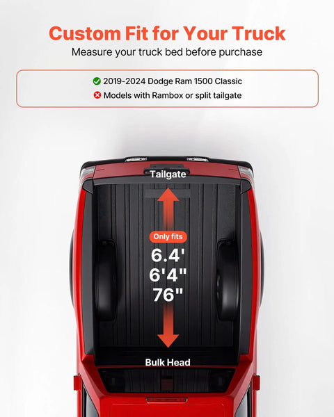 Top view of a truck bed showing measurements for Soft Roll Up Truck Bed Tonneau Cover For 6 Ft 4 In Beds Built To Last Fits 2019 2024 Ram 1500.