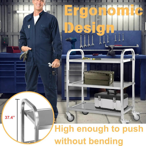 Three Shelf Stainless Steel Serving Cart With Wheels 400 Lb Capacity in work setting, showcasing ergonomic design features and tool storage.