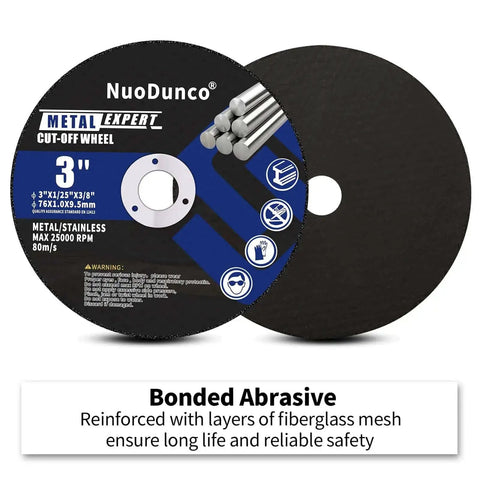 Image of Three Inch Cut Off Wheel Kit With One Quarter Inch Stem Mandrel For Die Grinder And Rotary Tool Metal And Stainless Steel Cutting Discs Ten Pack Ultra Thin 0.04 Inch, showing product label and specifications.