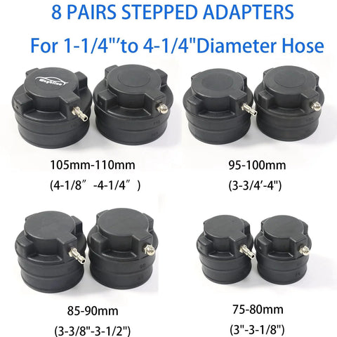 Turbo System Leakage Tester Kit stepped adapters, pairs from 1-1/4 inch to 4-1/4 inch, shown in different sizes for cars and trucks.