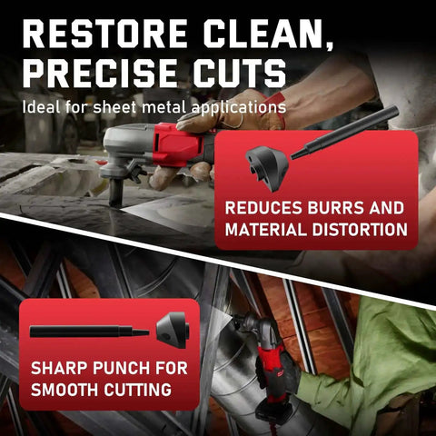Pro Grade 16 Gauge Punch And Die Replacement Set displayed with electric cutter, ideal for smooth sheet metal cutting.