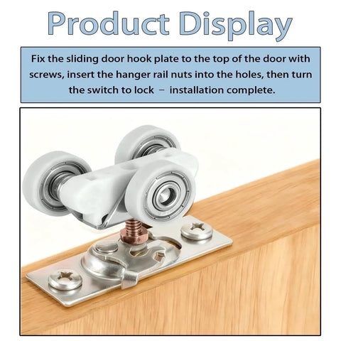 H530 Sliding Pocket Door Roller Assembly 2 Pack With Top Hanger Replacement Wheels installed on wood surface