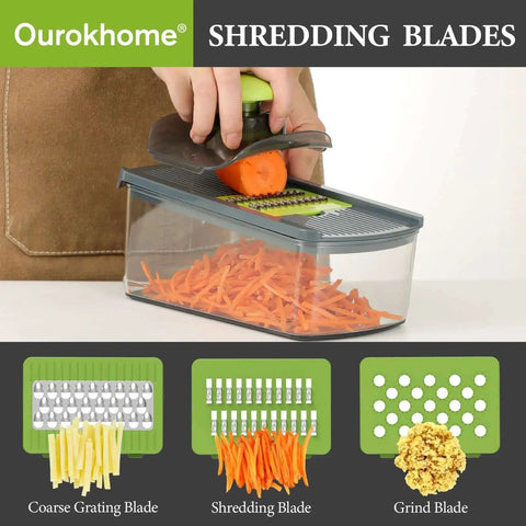 Mandolin Slicer For Kitchen 6 In 1 With 6 Razor Sharp Blades And Expanded Hand Guard Veggie Shredder And Waffle Cutter For Potatoes Carrots Zucchini Onions No Fuss Easy Clean Detachable Design Ourokhome slicing carrots into a tray.
