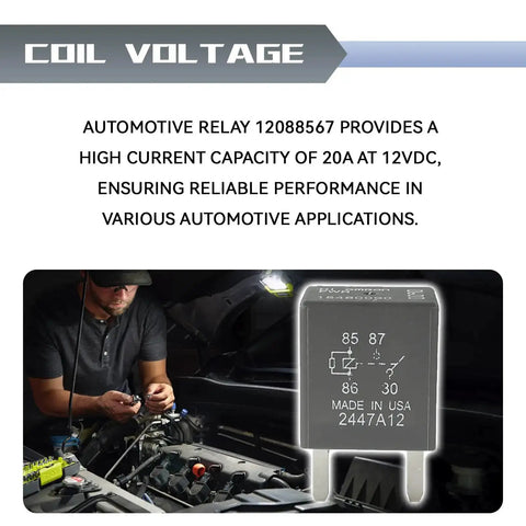 Two Pack 12V DC Automotive Relay 30A 4 Pin Fuse Box Relay 12088567 8567 shown with diagram and mechanic at work