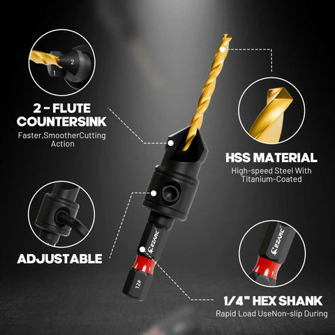 Smooth Countersink Drill Bit Set For Woodworking With Magnetic Extension Holder, 12 Piece, showing 2-flute design and materials.