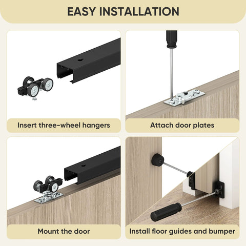 Four-step installation of Six Foot Pocket Door Kit With Commercial Grade Sliding Hardware, Aluminum Box Track, Black Finish