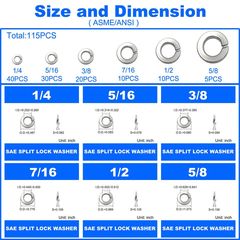 SAE split lock washer assortment: 6 sizes (1/4–5/8 in), 115 pcs, 304 stainless steel, Amazon