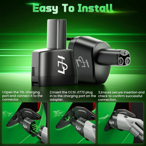 All In One CCS1 J1772 To Tesla Charger Adapter For Model Y 3 S X Cybertruck With 250kW DC Fast Charging And 80A AC NACS Compatible Level 3 And Level 1 2 EV Charging Stations easy installation steps displayed.