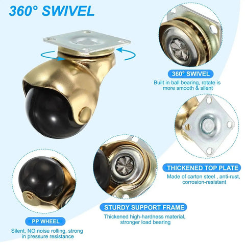 1.5 Inch Ball Caster Wheels Set Of 4 For Furniture, 360 Degree Swivel Top Plate Casters In Gold Finish, 298 Lbs Total Capacity