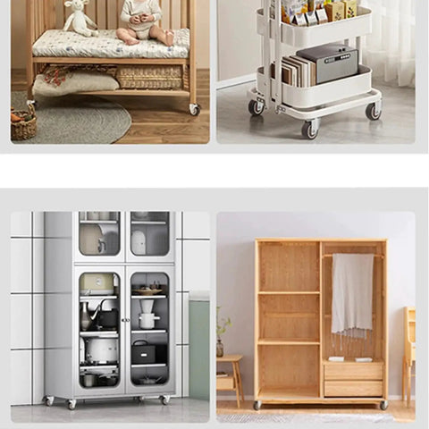 Furniture pieces with stem casters, showcasing 360 degree swivel TPR wheels for mobility on carts, dollies, and workbenches.