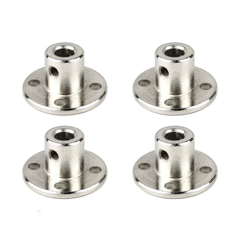 Flange shaft couplings, 4 pcs, 5mm bore, silver metal with four mounting holes