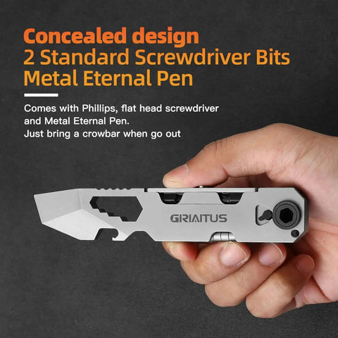 Hand holding Everyday Carry Pry Bar Multitool With Bi Directional Ratchet Screwdriver And Everlasting Pen Wrenches