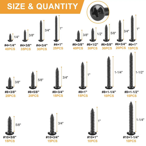Over Four Hundred Piece Stainless Steel Black Wood Screws Set With Phillips Pan Head Self Tapping Coarse Thread sizes view