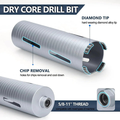 Two And A Half Inch Diamond Dry Core Drill Bit With Ten Inch Drilling Depth For Concrete Masonry Brick Block Five Eighth Inch Thread Includes SDS Plus SDS Max And Hex Adapters Rotary Only Diamond Alloy Tip