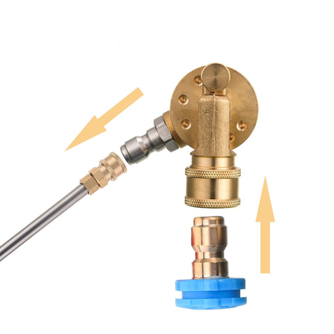 Brass pivoting pressure washer quick-connect coupler with 1/4 inch fitting for gutter cleaner attachment, blue cap.