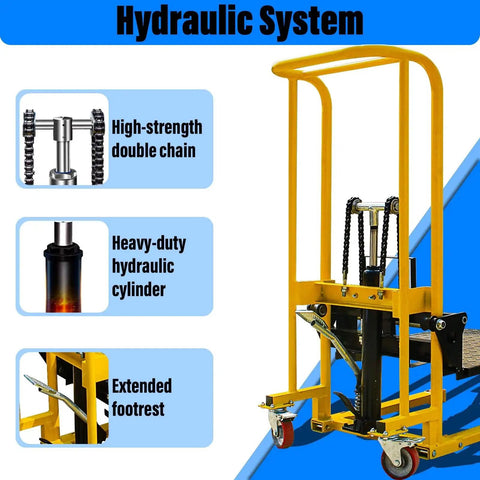 Front view of yellow hydraulic material lift stacker with double-column frame and removable platform