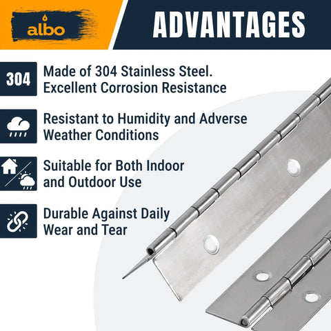 36 Inch Silver Heavy Duty Piano Hinge Continuous Stainless Steel 304 Two Pack highlighting corrosion resistance and durability