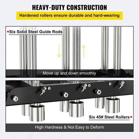 Heavy-duty construction details of Three Station Edge Roller Bender for Sheet Metal Fabrication, showcasing steel guide rods and rollers.