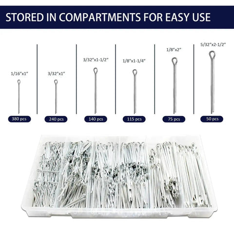 Built Tough Cotter Pin Assortment Kit With Case 1000 Piece Set Including Six Sizes From 1/16 To 5/32 Inch Durable Carbon Steel Split Pins Corrosion Resistant For Tractors Trailers Marine And Industrial Machinery neatly stored in compartments