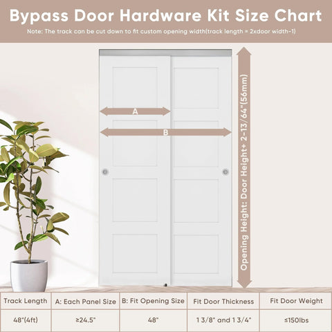 Heavy Duty 48 Inch Aluminum Bypass Sliding Closet Door Hardware Kit with Finger Pull for Two Door System, size chart.