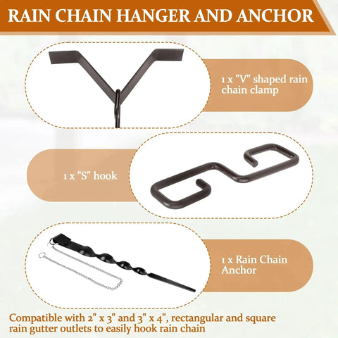 Rain Chain Hanger and Ground Anchor Kit with V-shaped clamp, S-hook, and anchor for outdoor garden rain chains copper clip set