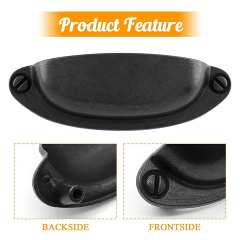 Antique Black Cabinet Cup Pull Handles 3.5 Inch Hole Centers, front and back close-up views, zinc alloy, vintage shell pulls