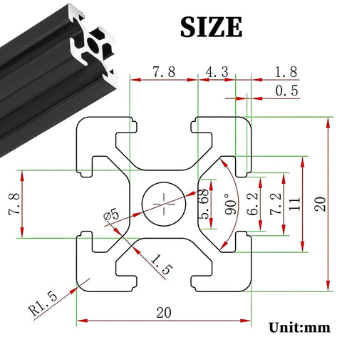 31.5 Inch 2020 Aluminum Extrusion T Slot Rail European Standard Anodized Black Linear Rail diagram with measurements