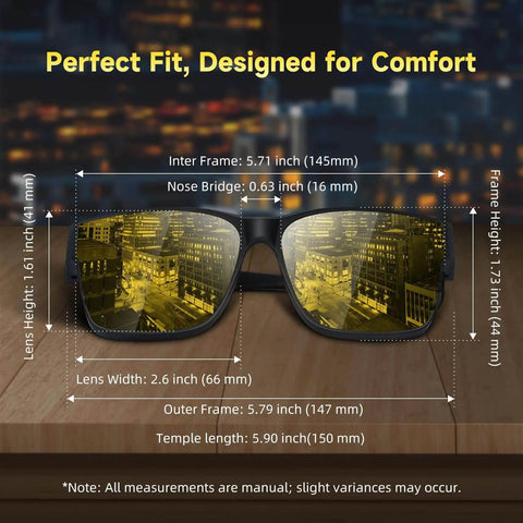 Overnight Driving Glasses For Men And Women With Matte Black Frame, Polarized Yellow Lenses For HD Night Vision, fits specs shown.
