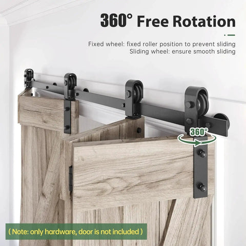 Close-up of 64-Inch Bi-Fold Sliding Barn Door Hardware Track Kit with side mounted black J shape rollers installed on wood doors.