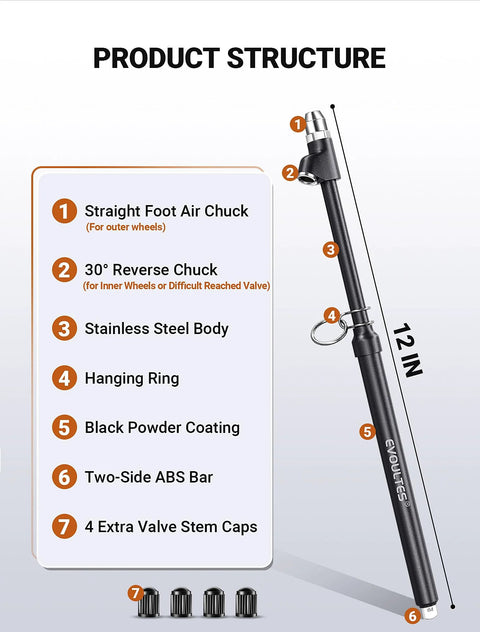EVOULTES Heavy Duty Tire Pressure Gauge with stainless steel body and straight foot air chuck, includes 4 valve caps