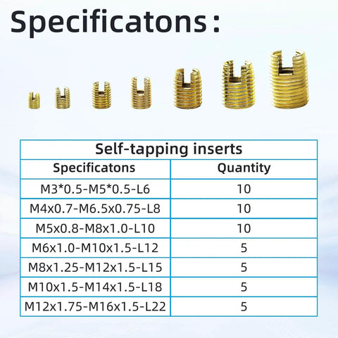 50Pcs Self Tapping Thread Inserts Set In 302 Stainless Steel With Storage Case, Slotted Design For Easy Direct Install No Pre Tap Required, M3 M4 M5 M6 M8 M10 M12, Reinforced Threads And Durable Gold Finish For Repairs, showing specifications chart