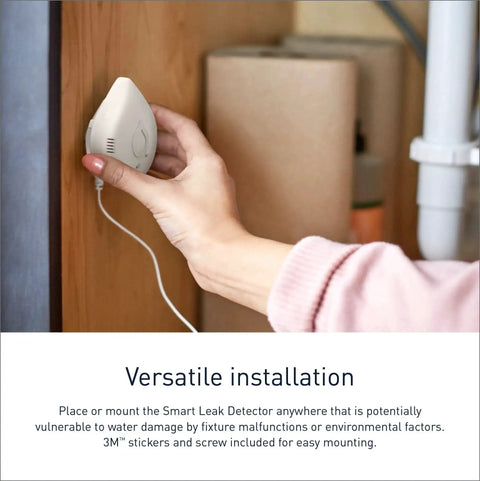 Person installing Flo Smart Water Leak Detector on wooden surface for basement monitoring