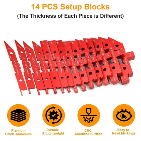 14pc aluminum alloy precision bar kit for woodworking, showing setup blocks for height, depth, angle, and fence alignment.