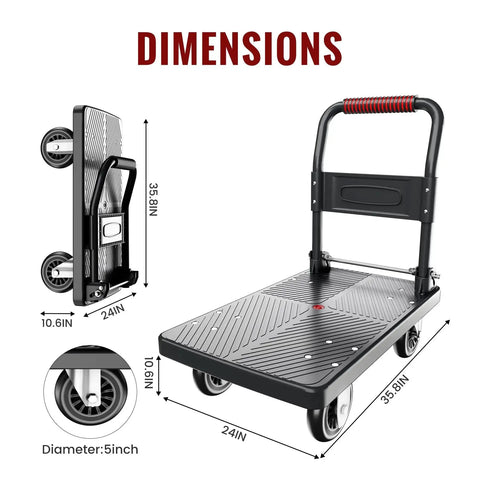 Dimensions of Upgraded Foldable Push Cart Dolly With 780 Lb Capacity And 360 Degree Swivel 5 Inch PU Wheels For Quiet Operation