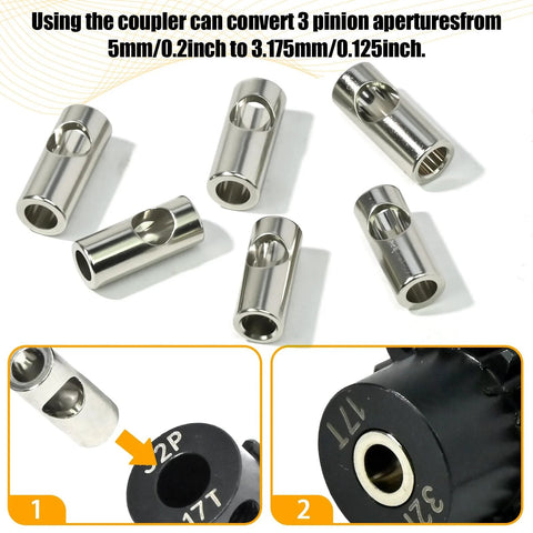 Universal 3.175mm To 5mm Motor Gear Adapter Sleeve Set, stainless steel, shown in close-up with conversion details for RC models.