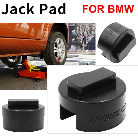 BMW Mini Jack Pad Frame Rail Protector Slotted Rubber Square 2 Pack shown during use under a car