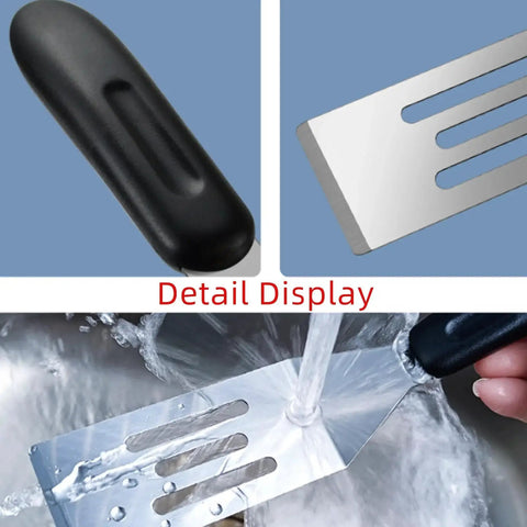Detail view of Two Piece Small Metal Spatula Set For Kitchen Use Stainless Steel Slotted And Solid Mini Spatulas being rinsed.