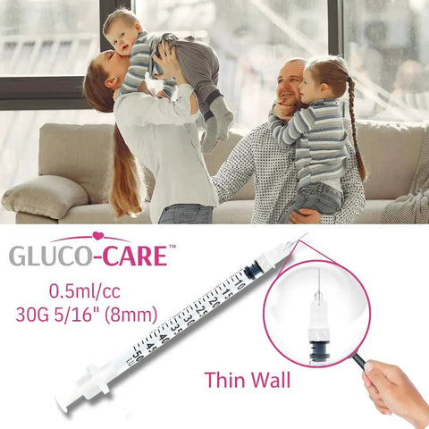 0.5ml Syringes 30G 5/16 Inch 8mm Leak-Proof With Clear Dosage Scale displayed with family in background