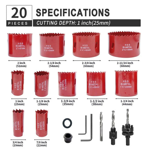 Image of Versatile 20 Piece Hole Saw Kit For Quick Clean Cuts In Thin Metal Sheets Round Water Pipes Wood Plastic Gypsum Board And More From Three Quarters Inch To Two And Eleven Sixteenths Inches With Tough As Nails Dual Metal Construction M42 HSS Carbon Steel showing 11 red bi-metal hole saws and accessories.