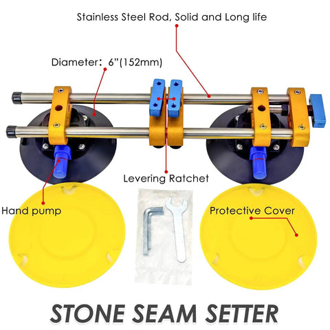 2 Pack 6 Inch Stone Seam Setter With Vacuum Cups for seam joining, showing stainless steel rods and adjusting ratchets